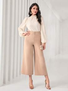 Modelyn Mock Neck Lantern Sleeve Ruched Front Satin Top - Beige - View 4
