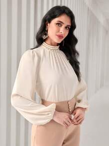 Modelyn Mock Neck Lantern Sleeve Ruched Front Satin Top - Beige - View 6