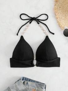 SHEIN Swim 環鏈吊脖提臀比基尼泳裝上衣 - 黑色 - 查看 3