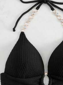 SHEIN Swim 環鏈吊脖提臀比基尼泳裝上衣 - 黑色 - 查看 5