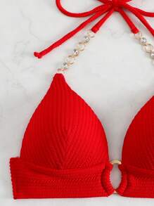 SHEIN Swim Top bikini vinculado con aro halter push up - Rojo - Ver 5