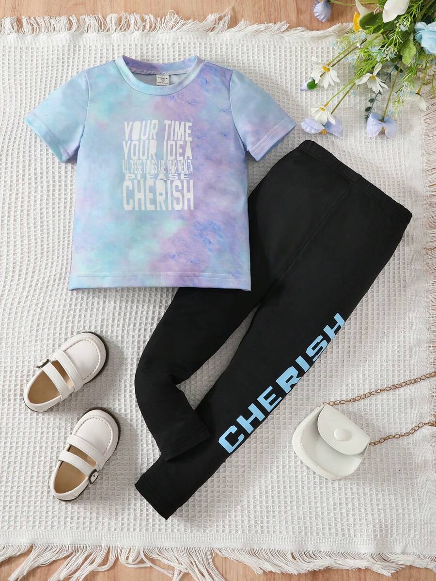 SHEIN 小女童紮染標語圖案T恤和緊身褲 - 彩色 - 查看 1