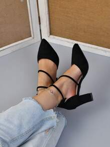 女性極簡風格踝帶織物尖頭粗跟優雅高跟鞋黑色 - 黑色 - 查看 2