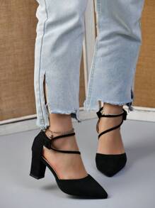 女性極簡風格踝帶織物尖頭粗跟優雅高跟鞋黑色 - 黑色 - 查看 7