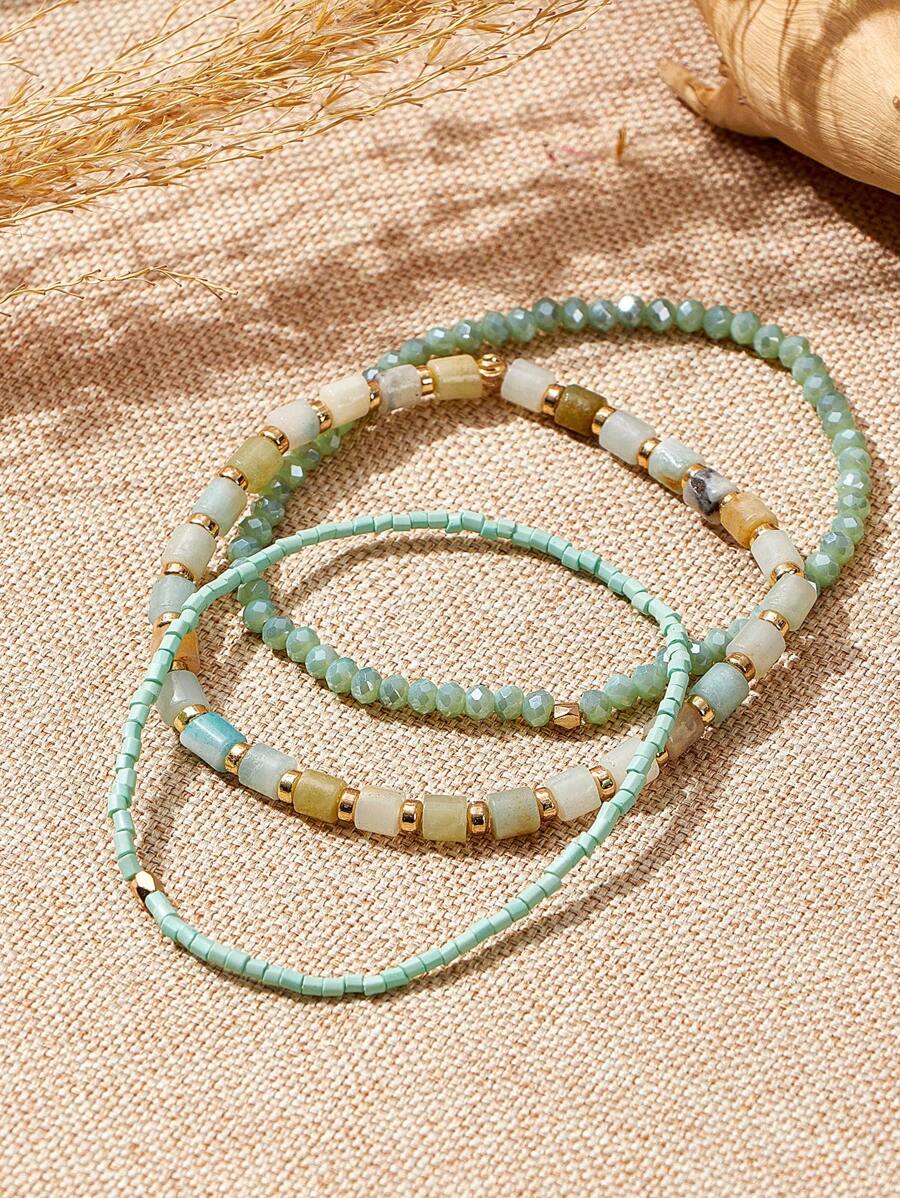 SHEIN VCAY 3入組/套時尚撞色串珠手鏈適合女士日常裝飾 - 薄荷綠 - 查看 1