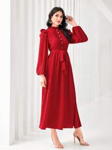 Modelyn Robe longue de soirée modeste avec manches longues en lanterne, volants et ceinture