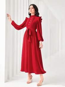 Modelyn Robe longue de soirée modeste avec manches longues en lanterne, volants et ceinture