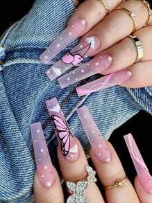 Biến đổi móng tay của bạn với 24 chiếc quan tài dài Cherry Butterfly Frosted Pearl Thạch Mẫu Móng tay giả & 1 dũa móng tay & 1 tờ băng dán móng tay Bấm vào móng tay Đồ dùng làm móng - Nhiều màu - Xem 1