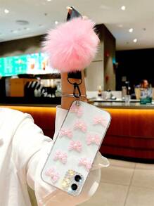 Bow-knot Decor Clear Phone Case With Fluffy Ball Lanyard - Multicolor - View 2