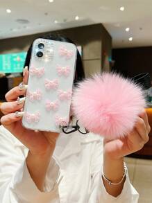 Bow-knot Decor Clear Phone Case With Fluffy Ball Lanyard - Multicolor - View 3