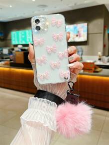 Bow-knot Decor Clear Phone Case With Fluffy Ball Lanyard - Multicolor - View 5