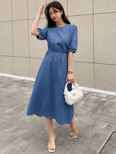 DAZY 泡泡袖彈性腰帶A字型牛仔裙