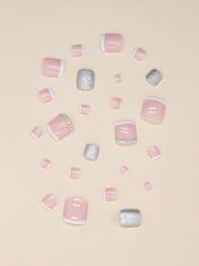 Transform Your Nails With 24pcs Short Square Black French Glitter Fake Toenail & 1pc Toenail File & 1sheet Tape Press On Nails Nail Supplies - View 4