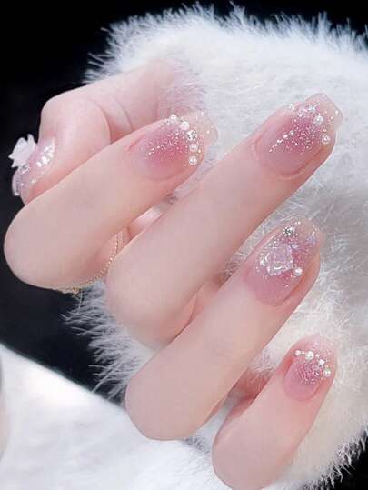 Transform Your Nails With 24pcs Short Square Blush Glitter Pearl Flower Fake Nail & 1pc Nail File & 1sheet Nail Tape Press On Nails Nail Supplies