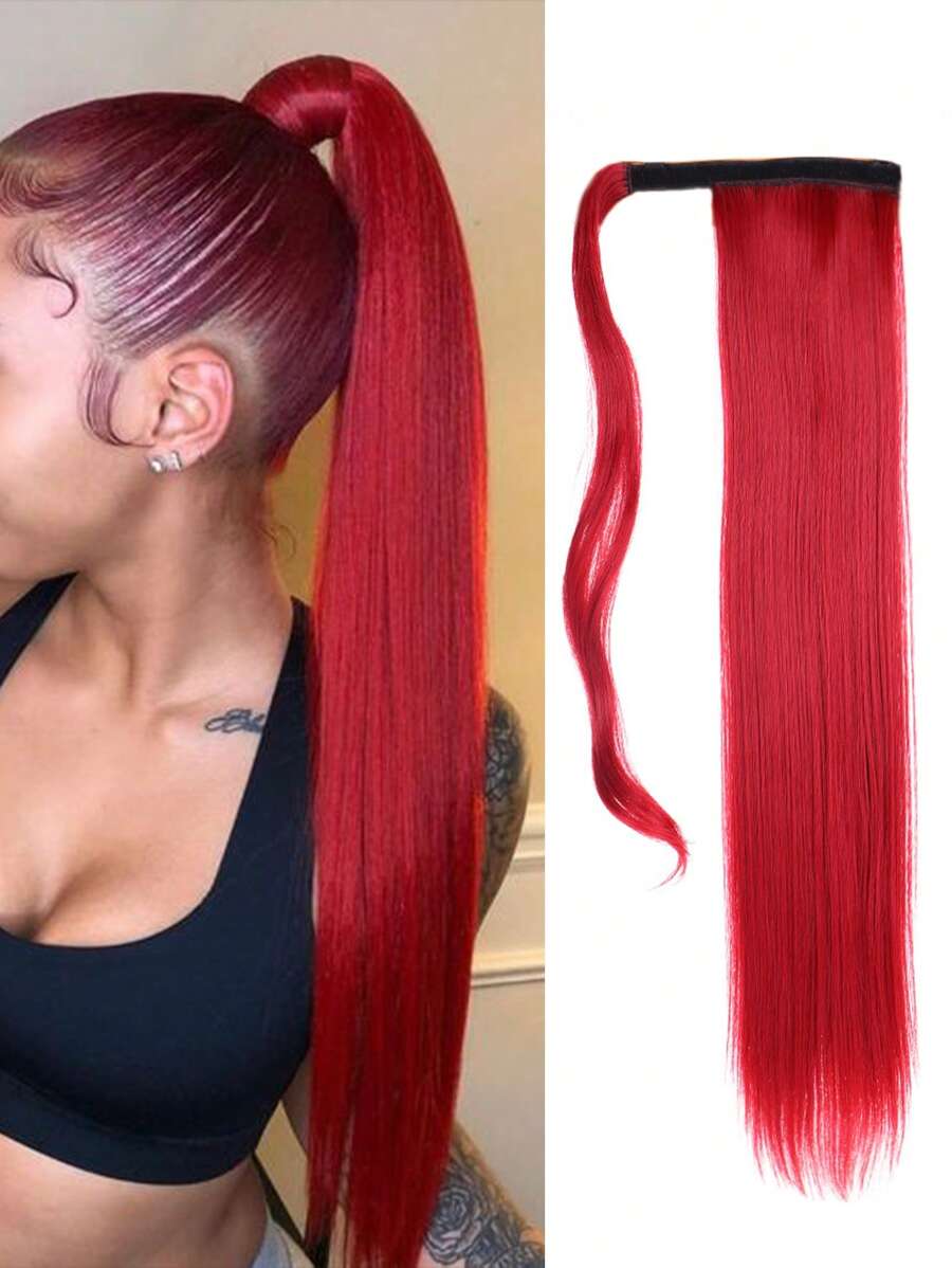 馬尾辮延長夾 - 26 英寸/長波浪捲曲環繞馬尾辮女式耐熱合成假髮（紅色 101） - 紅色 - 查看 1