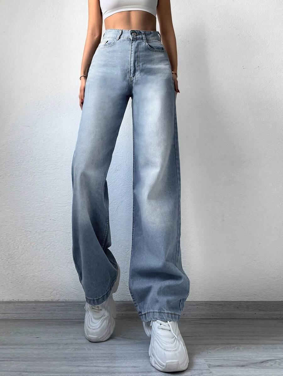 RueChic Slant Pocket Wide Leg Jeans - Light Wash - View 1