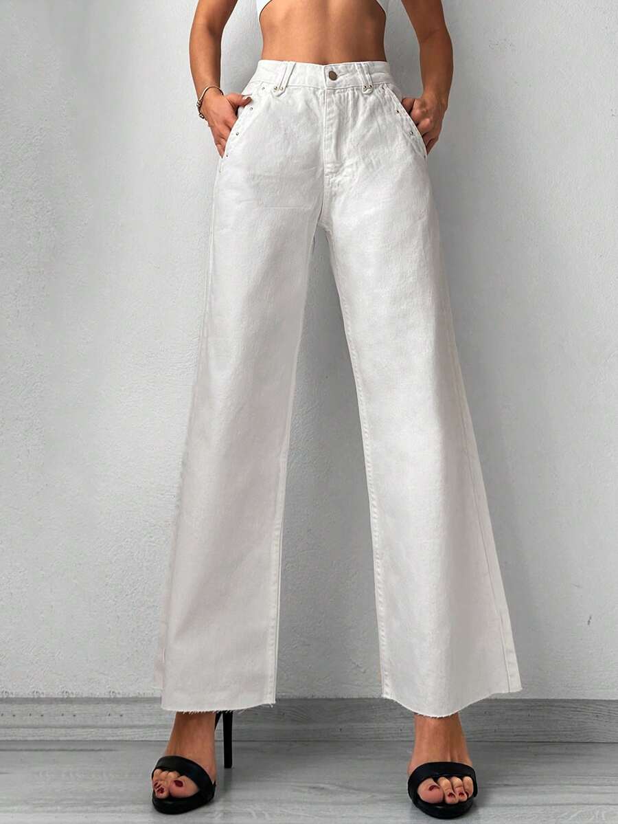 Cottnline Slant Pocket Wide Leg Jeans - Màu be - Xem 1