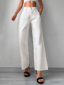 Cottnline Slant Pocket Wide Leg Jeans - Màu be - Xem 4