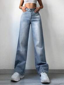 RueChic Slant Pocket Wide Leg Jeans - Light Wash - View 3