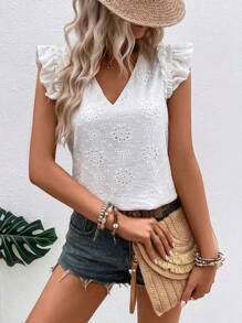 Breezaya Eyelet Embroidery Ruffle Trim V Neck Blouse - White - View 6