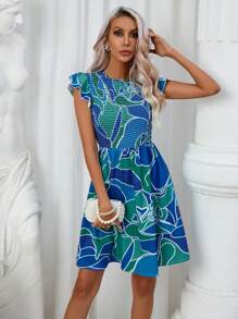 Aveloria Allover Print Butterfly Sleeve Dress - Blue - View 4