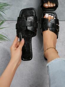 Elegant Black Sandals For Women, Texture Embossed Slide Sandals - Black - View 1