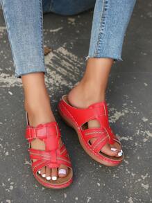 Fashion Red Sandals For Women, Cut Out Hook-and-loop Fastener Wedge Slide Sandals - Red - View 2