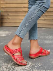 Fashion Red Sandals For Women, Cut Out Hook-and-loop Fastener Wedge Slide Sandals - Red - View 3