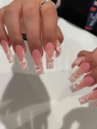 Uppgradera din look med 24 st långa fyrkantiga vitrandiga falska naglar & 1 st nagelfil & 1 ark tejp Press On Nails Nageltillbehör