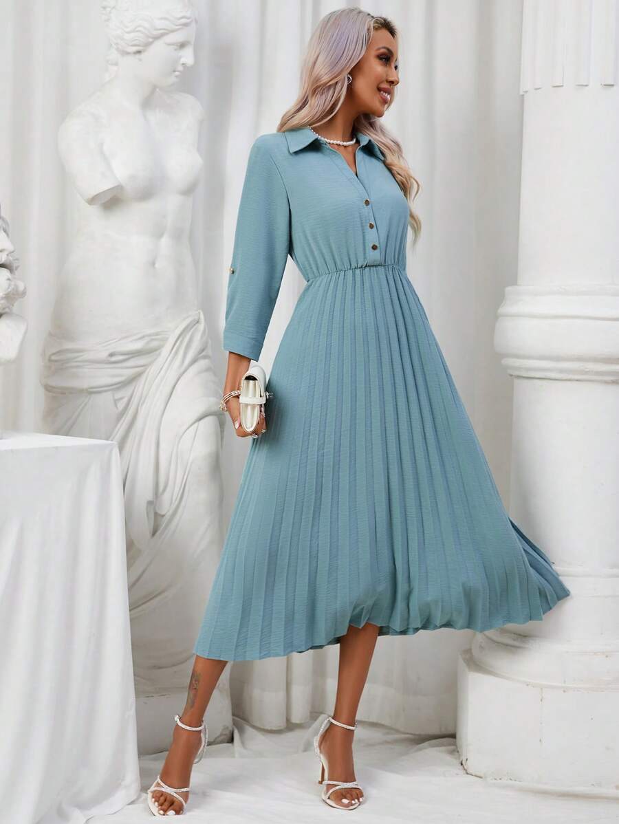 SHEIN LUNE Solid Pleated Hem Shirt Dress - Cadet Blue - View 1