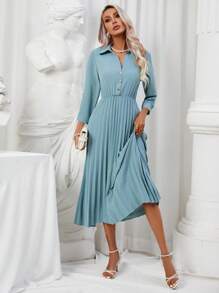 SHEIN LUNE Solid Pleated Hem Shirt Dress - Cadet Blue - View 3