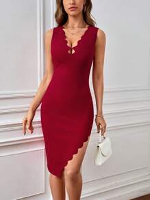 SHEIN Privé Đầm Sò điệp Tách cao màu trơn Thanh lịch - Màu Đỏ Sâu - Xem 4