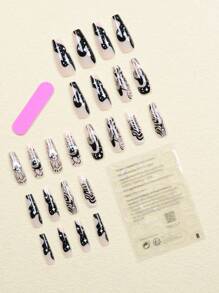 24 chiếc Long Quan Tài In Hình Nấm Móng Tay Giả & 1 Dũa Móng Tay & 1 Tấm Băng Keo - Nhiều màu - Xem 2