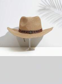 SHEIN VCAY 1pc Wanita Tape & Studded Dekorasi Topi Koboi Jerami Untuk Kehidupan Sehari-hari - Coklat - View 4