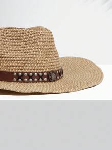 SHEIN VCAY 1pc Wanita Tape & Studded Dekorasi Topi Koboi Jerami Untuk Kehidupan Sehari-hari - Coklat - View 2