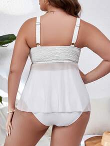 SHEIN Plus Size Nút thắt tương phản phía trước Lưới Tankini Bãi biển mùa hè - trắng - Xem 3