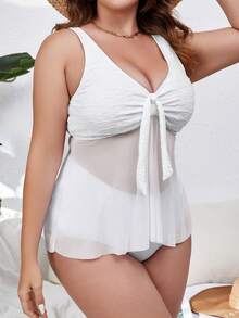 SHEIN Plus Size Nút thắt tương phản phía trước Lưới Tankini Bãi biển mùa hè - trắng - Xem 5