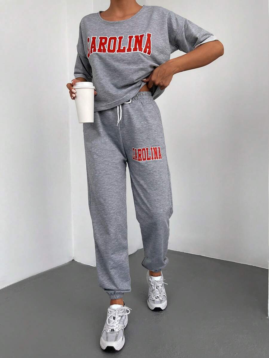 RueChic Letter Graphic Drop Shoulder Tee & Drawstring Waist Sweatpants - Grey - View 1