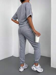 RueChic Letter Graphic Drop Shoulder Tee & Drawstring Waist Sweatpants - Grey - View 2