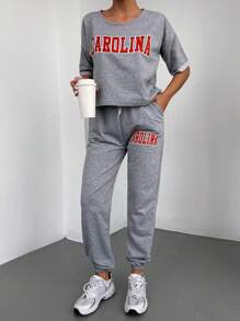 RueChic Letter Graphic Drop Shoulder Tee & Drawstring Waist Sweatpants - Grey - View 3