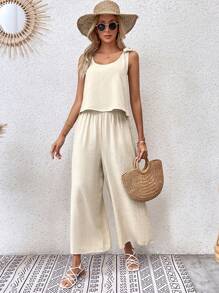 SHEIN LUNE Bộ đồ hai mảnh nữ Thắt nút màu trơn Giải trí - Màu be - Xem 6