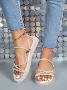 Glamorous Silver Sandals For Women, Rhinestone Decor Multi-way Wear Faux Suede Sandals - Beige - View 2