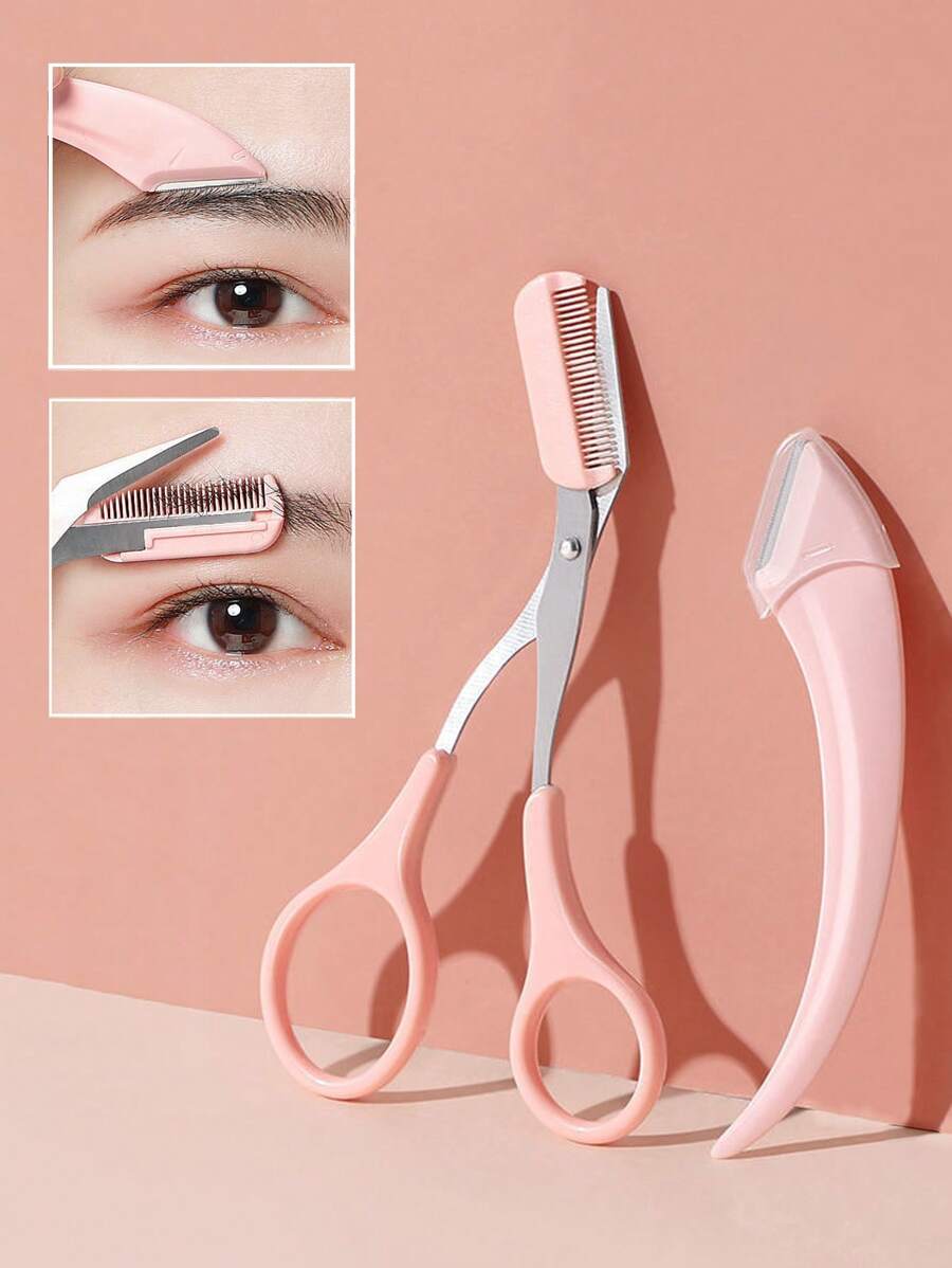 2 piezas Juego de cuchillo y tijeras para recortar cejas, con peine recortador y tijeras de belleza para cejas de mujer, set de herramientas para maquillaje, maquillaje, barato, decoración de habitación, tocador, viaje, dormitorio, accesorios de maquillaje - Rosa - Ver 1
