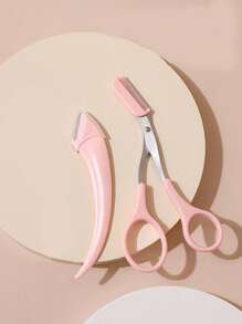 2 piezas Juego de cuchillo y tijeras para recortar cejas, con peine recortador y tijeras de belleza para cejas de mujer, set de herramientas para maquillaje, maquillaje, barato, decoración de habitación, tocador, viaje, dormitorio, accesorios de maquillaje - Rosa - Ver 2