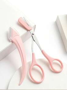 2 piezas Juego de cuchillo y tijeras para recortar cejas, con peine recortador y tijeras de belleza para cejas de mujer, set de herramientas para maquillaje, maquillaje, barato, decoración de habitación, tocador, viaje, dormitorio, accesorios de maquillaje - Rosa - Ver 4