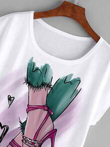 SHEIN LUNE 心和人像圖案蝙蝠袖T恤 - 彩色 - 查看 3