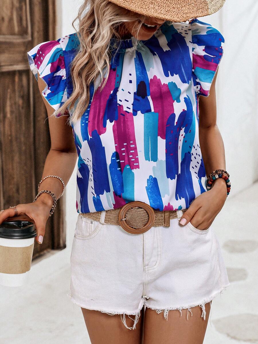 SHEIN VCAY Áo sơ mi nữ viền lá sen Xù Tất cả trên in Giải trí - Nhiều màu - Xem 1