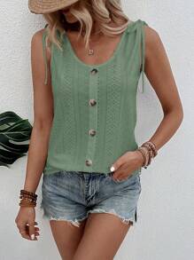 SHEIN LUNE 網眼刺繡前紐扣背心上衣 - 綠色 - 查看 3