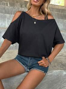 EMERY ROSE Áo thun nữ Bất đối xứng Cắt ra màu trơn Giải trí - màu đen - Xem 3