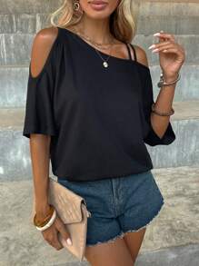 EMERY ROSE Áo thun nữ Bất đối xứng Cắt ra màu trơn Giải trí - màu đen - Xem 4